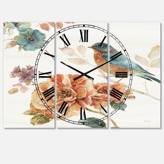 Designart 'Cottage Bird On Orange Flower Twig Farmhouse Multipanel Wall Clock